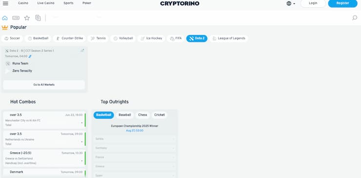A view of the betting site on Cryptorino, one of the best secure crypto betting platforms.